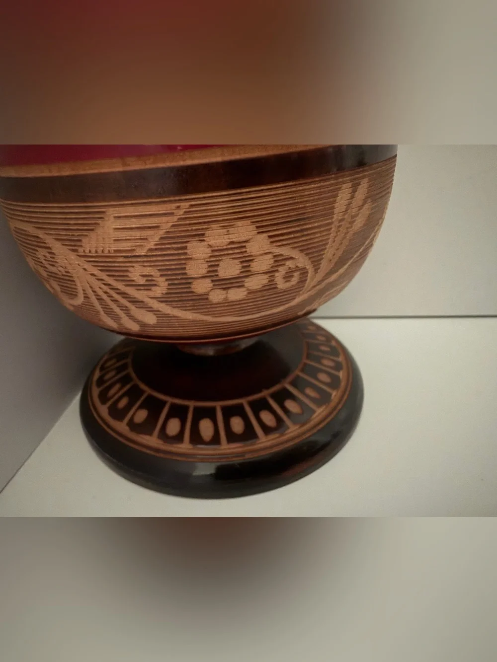 Mexican Vintage Red Hand Carved Wooden Decorative Floral Accent Vase